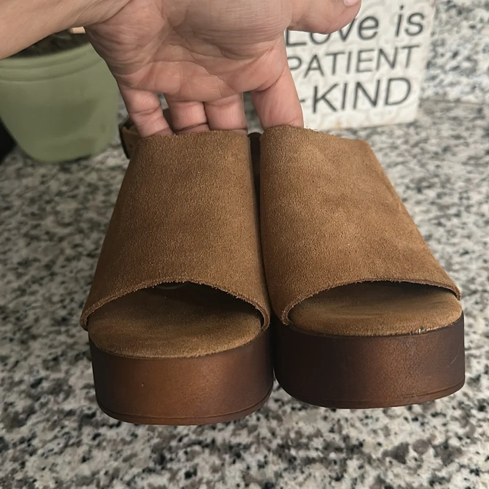 BIO NATURAL Leather Brown Wedge with Buckle Sling Stacked Heels Mules Size 6.5